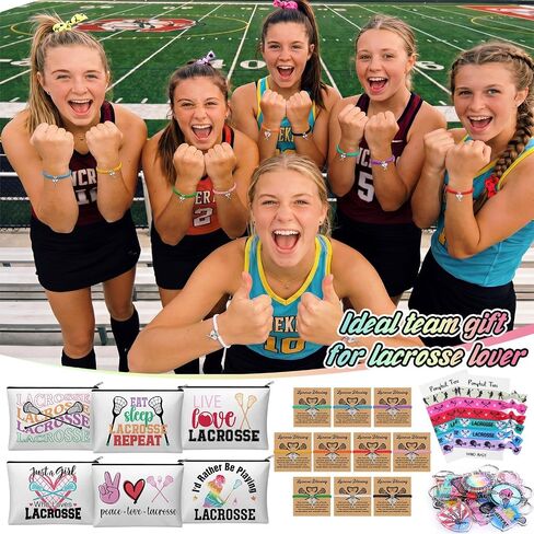 Shinylin 60 Pcs Lacrosse Gifts for Team Party Favors Include Sports Makeup Bag Keychain Bracelet Hair Elastic Lacrosse Accessories for Women Players Coaches Sports Lovers in Kuwait