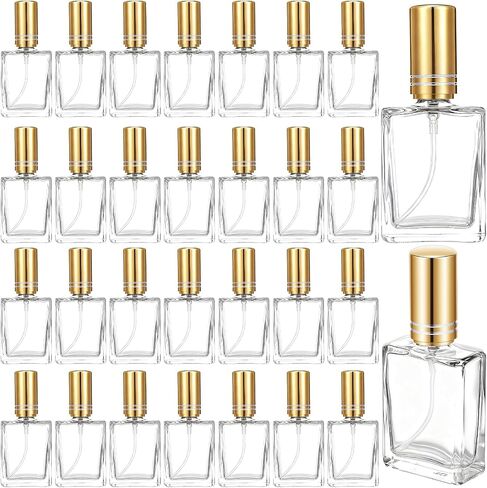 30 Pcs 12 ml Square Glass Perfume Bottles, Refillable Empty Spray Atomizer, Travel Size, Gold Cap, Transparent Body, Bulk Set in Saudi Arabia