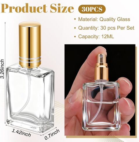 30 Pcs 12 ml Square Glass Perfume Bottles, Refillable Empty Spray Atomizer, Travel Size, Gold Cap, Transparent Body, Bulk Set in Saudi Arabia