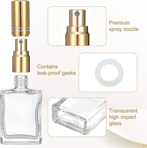30 Pcs 12 ml Square Glass Perfume Bottles, Refillable Empty Spray Atomizer, Travel Size, Gold Cap, Transparent Body, Bulk Set in Saudi Arabia