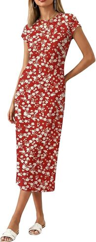 Wenrine Womens Summer Casual Midi Dress Floral Short Sleeve Crew Neck Long T Shirt Dresses Beach Vacation Outfit in Saudi Arabia