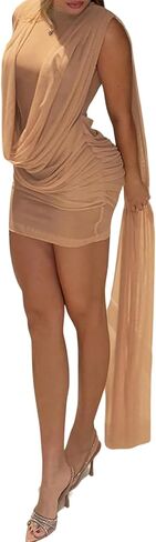 Geulis Womens Sexy Mesh Mini Cocktail Dresses Sheer Cloak Sleeves Mock Neck Ruched Bodycon Wedding Guest Dress Party Club in Saudi Arabia