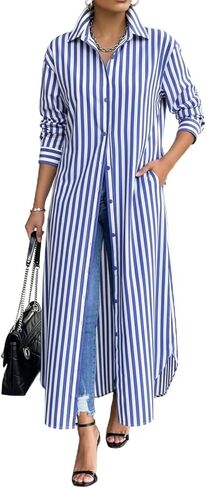 Choichic Shirt Dresses for Women Cotton Button Down Oversized Striped Maxi Dress Cover Up with Pockets in Saudi Arabia