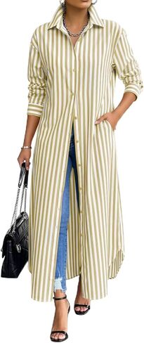 Choichic Shirt Dresses for Women Cotton Button Down Oversized Striped Maxi Dress Cover Up with Pockets in Saudi Arabia
