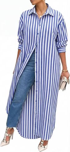 Choichic Shirt Dresses for Women Cotton Button Down Oversized Striped Maxi Dress Cover Up with Pockets in Saudi Arabia
