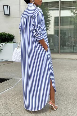 Choichic Shirt Dresses for Women Cotton Button Down Oversized Striped Maxi Dress Cover Up with Pockets in Saudi Arabia