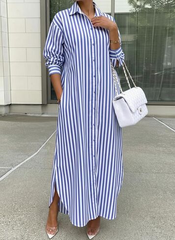 Choichic Shirt Dresses for Women Cotton Button Down Oversized Striped Maxi Dress Cover Up with Pockets in Saudi Arabia