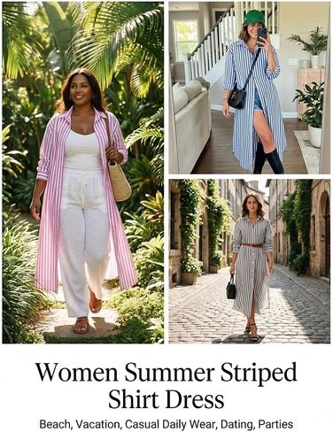 Choichic Shirt Dresses for Women Cotton Button Down Oversized Striped Maxi Dress Cover Up with Pockets in Saudi Arabia