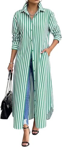 Choichic Shirt Dresses for Women Cotton Button Down Oversized Striped Maxi Dress Cover Up with Pockets in Saudi Arabia