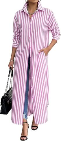Choichic Shirt Dresses for Women Cotton Button Down Oversized Striped Maxi Dress Cover Up with Pockets in Saudi Arabia
