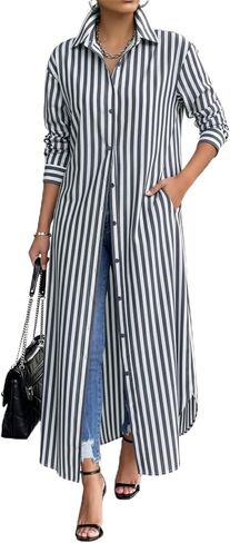 Choichic Shirt Dresses for Women Cotton Button Down Oversized Striped Maxi Dress Cover Up with Pockets in Saudi Arabia