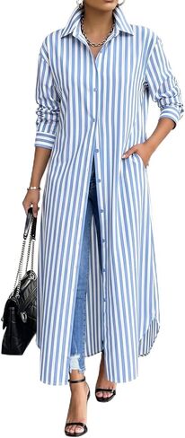 Choichic Shirt Dresses for Women Cotton Button Down Oversized Striped Maxi Dress Cover Up with Pockets in Saudi Arabia