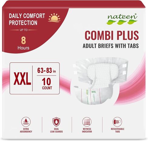 Nateen Combi Plus Adult Diapers with Tabs for Men & Women,Moderate Absorbency Incontinence Briefs, Leak Protection Disposable Adult Underwear for Moderate Incontinence.Medium, 10Count in Saudi Arabia