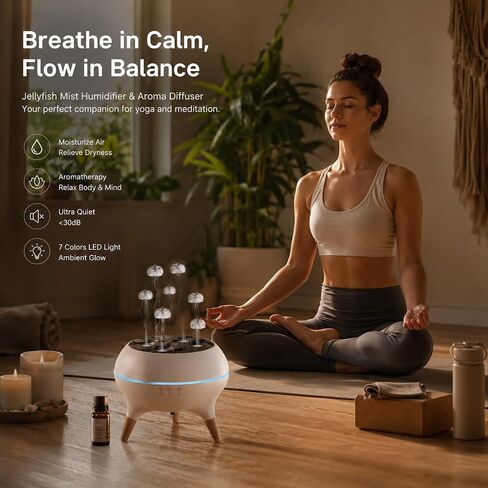 Jellyfish Essential Oil Diffuser, 250ml Aroma Diffuser Humidifier with Remote Control, 7-Color LED Lights, 4/8H Timer, Sound Activated Mist Ring Mode, Cool Mist Diffuser for Bedroom, Desk, Office in Saudi Arabia