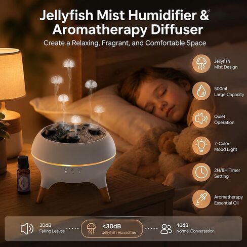 Jellyfish Essential Oil Diffuser, 250ml Aroma Diffuser Humidifier with Remote Control, 7-Color LED Lights, 4/8H Timer, Sound Activated Mist Ring Mode, Cool Mist Diffuser for Bedroom, Desk, Office in Saudi Arabia