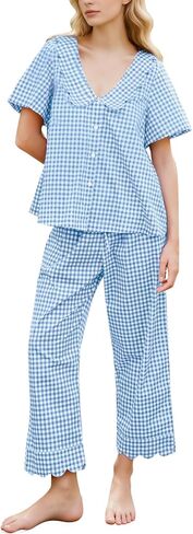 Kissonic Womens Gingham Pajama Set Cute Cotton Ruffle Pajamas Cozy Plaid Y2K Pjs Babydoll Sleepwear in Saudi Arabia