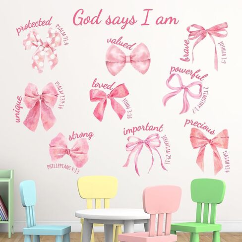 Mfault Christian Pink Bow Wall Decals Stickers, Inspirational Religious Bible Verse God Says I am Strong Girls Women Teens Room Decoration, Coquette Trendy Knot Valentines Day Girls Party Decor in Saudi Arabia