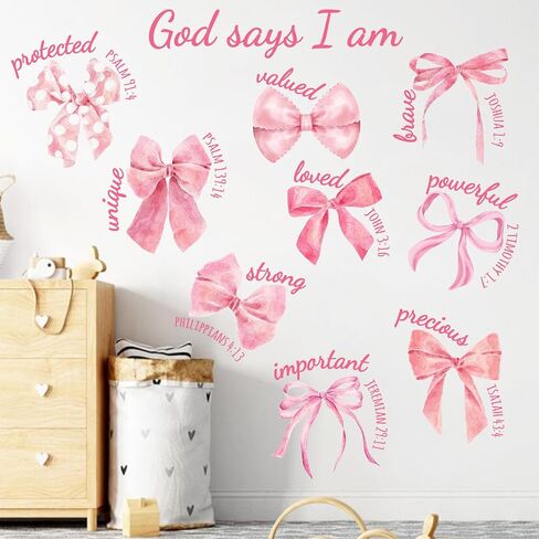 Mfault Christian Pink Bow Wall Decals Stickers, Inspirational Religious Bible Verse God Says I am Strong Girls Women Teens Room Decoration, Coquette Trendy Knot Valentines Day Girls Party Decor in Saudi Arabia