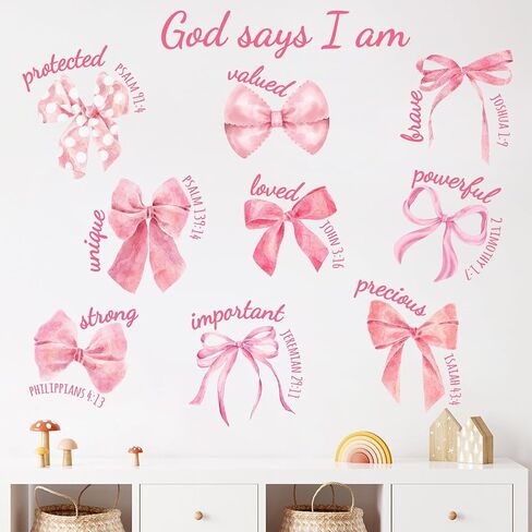 Mfault Christian Pink Bow Wall Decals Stickers, Inspirational Religious Bible Verse God Says I am Strong Girls Women Teens Room Decoration, Coquette Trendy Knot Valentines Day Girls Party Decor in Saudi Arabia