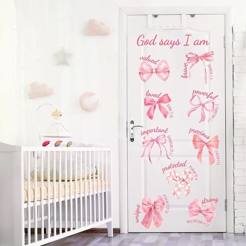 Mfault Christian Pink Bow Wall Decals Stickers, Inspirational Religious Bible Verse God Says I am Strong Girls Women Teens Room Decoration, Coquette Trendy Knot Valentines Day Girls Party Decor in Saudi Arabia