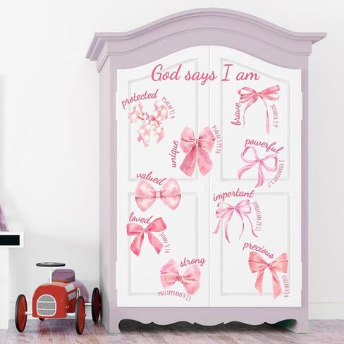 Mfault Christian Pink Bow Wall Decals Stickers, Inspirational Religious Bible Verse God Says I am Strong Girls Women Teens Room Decoration, Coquette Trendy Knot Valentines Day Girls Party Decor in Saudi Arabia