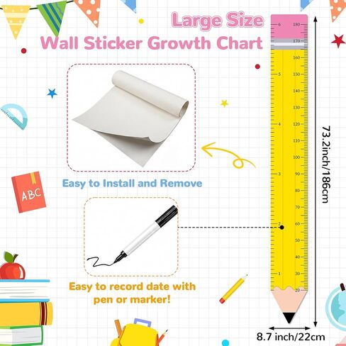 Back to School Height Growth Chart Sticker 73.2 x 8.7 inch Pencil Shaped Height Measurement Ruler Sticker Removable PVC Wall Decor for Classroom Bedroom Playroom Nursery Kindergarten Decor in Saudi Arabia