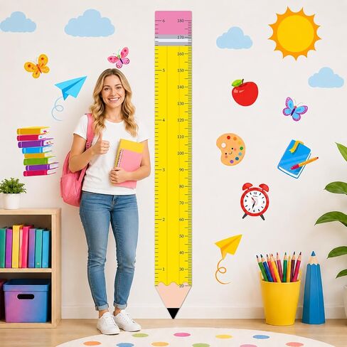 Back to School Height Growth Chart Sticker 73.2 x 8.7 inch Pencil Shaped Height Measurement Ruler Sticker Removable PVC Wall Decor for Classroom Bedroom Playroom Nursery Kindergarten Decor in Saudi Arabia