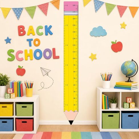 Back to School Height Growth Chart Sticker 73.2 x 8.7 inch Pencil Shaped Height Measurement Ruler Sticker Removable PVC Wall Decor for Classroom Bedroom Playroom Nursery Kindergarten Decor in Saudi Arabia