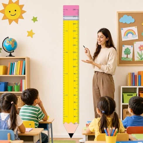 Back to School Height Growth Chart Sticker 73.2 x 8.7 inch Pencil Shaped Height Measurement Ruler Sticker Removable PVC Wall Decor for Classroom Bedroom Playroom Nursery Kindergarten Decor in Saudi Arabia