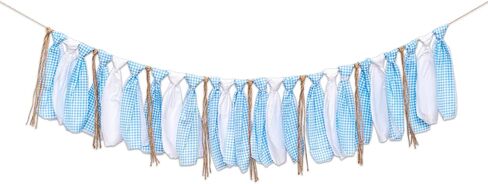 Blue White Gingham Fabric Banner Garland - Rustic Farmhouse Rag Tie Banner for Boy Baby Shower, Gender Reveal, 1st Birthday, Nursery Wall Decor. in Saudi Arabia