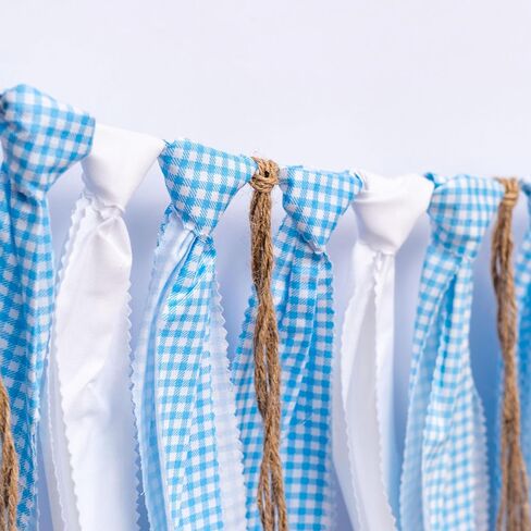 Blue White Gingham Fabric Banner Garland - Rustic Farmhouse Rag Tie Banner for Boy Baby Shower, Gender Reveal, 1st Birthday, Nursery Wall Decor. in Saudi Arabia