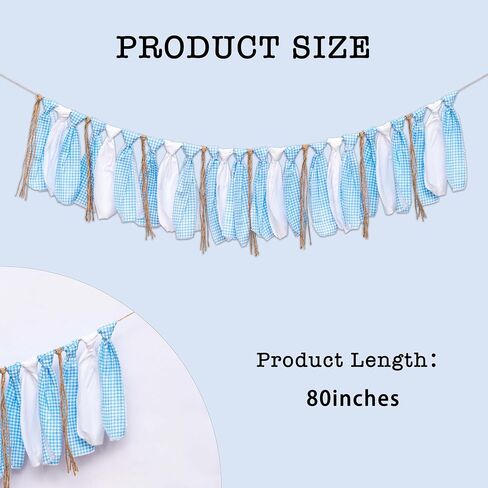 Blue White Gingham Fabric Banner Garland - Rustic Farmhouse Rag Tie Banner for Boy Baby Shower, Gender Reveal, 1st Birthday, Nursery Wall Decor. in Saudi Arabia