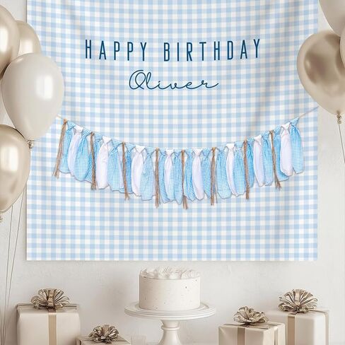 Blue White Gingham Fabric Banner Garland - Rustic Farmhouse Rag Tie Banner for Boy Baby Shower, Gender Reveal, 1st Birthday, Nursery Wall Decor. in Saudi Arabia