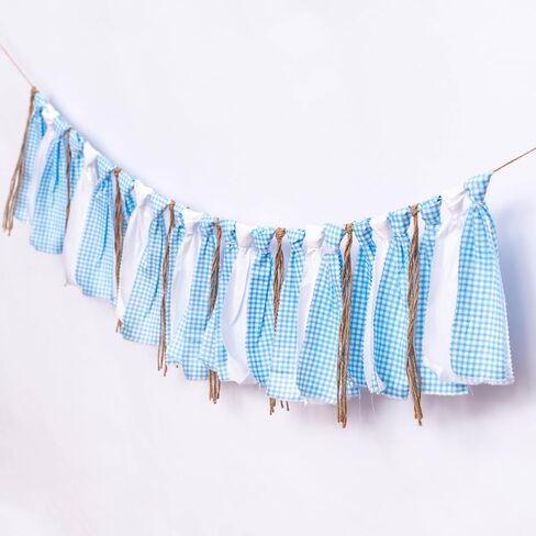Blue White Gingham Fabric Banner Garland - Rustic Farmhouse Rag Tie Banner for Boy Baby Shower, Gender Reveal, 1st Birthday, Nursery Wall Decor. in Saudi Arabia