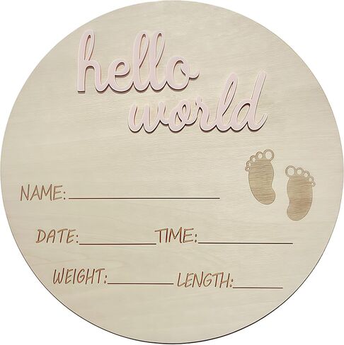 Wooden Birth Hello World Announcement Sign, Round Nursery Wall Decor, Letters with Baby Footprints, Name Date Time Weight Length Fields (BLUE) in Saudi Arabia