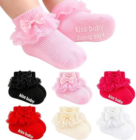 Baby Girl Ruffle Socks with Grips Bowknot Non Slip Cotton Lace Dress Socks Newborn Infant Toddler Kids Gift Set in Saudi Arabia