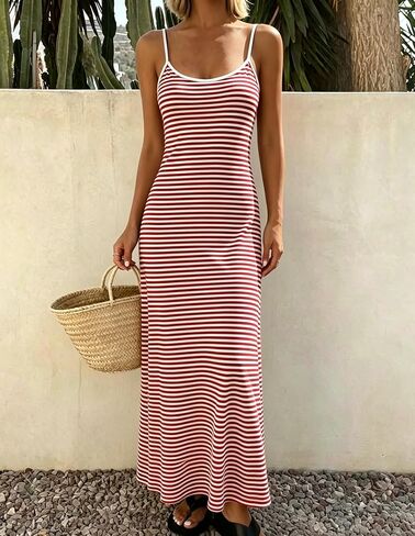 Women’s Striped Maxi Cami Dress, Casual Sleeveless Long Dress, Soft Stretch Lounge and Home Wear for Summer in Saudi Arabia