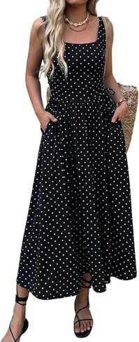 Mieazom Women’s Boho Summer Maxi Dress with Pockets, Adjustable Waist, Sleeveless Casual Ruched Sundress for Beach Vacation Black Polka dots L in Saudi Arabia