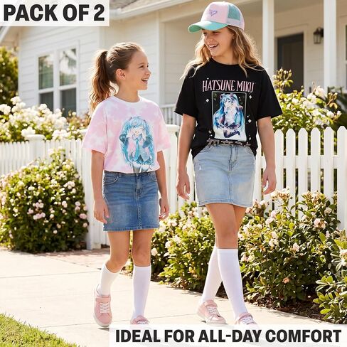 Get Trend Hatsune Miku Girls T Shirt Pack of 2, Cotton Short Sleeve Shirts | Officially Licensed, Crewneck Casual Tops, Summer T-Shirt, Soft Breathable Graphic Tees, Gifts for Girls and Teens, Ages 7–16 in Saudi Arabia