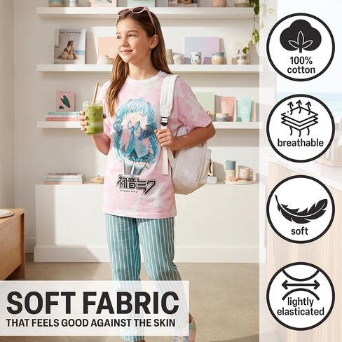 Get Trend Hatsune Miku Girls T Shirt Pack of 2, Cotton Short Sleeve Shirts | Officially Licensed, Crewneck Casual Tops, Summer T-Shirt, Soft Breathable Graphic Tees, Gifts for Girls and Teens, Ages 7–16 in Saudi Arabia