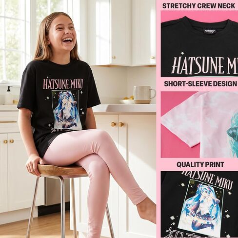 Get Trend Hatsune Miku Girls T Shirt Pack of 2, Cotton Short Sleeve Shirts | Officially Licensed, Crewneck Casual Tops, Summer T-Shirt, Soft Breathable Graphic Tees, Gifts for Girls and Teens, Ages 7–16 in Saudi Arabia