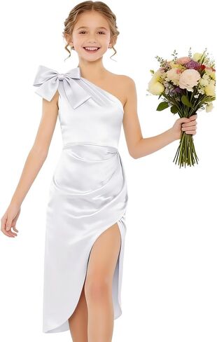 One Shoulder Satin Flower Girl Dresses for Wedding Bowknot Pageant Dresses for Girls Party Prom Ball Gowns in Saudi Arabia