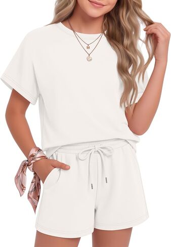 Girls 2 Piece Summer Outfits 5-14y Kids Short Sleeve T-shirt Drawstring Shorts Tween Matching Sets in Saudi Arabia