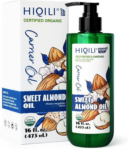 HIQILI Sweet Almond Oil for Skin, Hair, Body, 100% Pure Organic Carrier Oil for Essential Oils Mixing, Hexane Free, Unscented - 16 Fl Oz in Kuwait