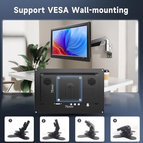 podofo 10.1" HD Monitor for Mini TV & Car Video Player & Computer Display TFT LCD Color Screen for Car Backup Camera & Home Security System Built in Speaker Support BNC/AVI/VGA/HDMI in Kuwait