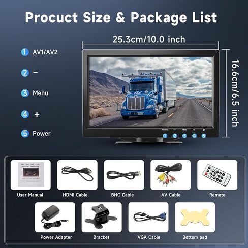 podofo 10.1" HD Monitor for Mini TV & Car Video Player & Computer Display TFT LCD Color Screen for Car Backup Camera & Home Security System Built in Speaker Support BNC/AVI/VGA/HDMI in Kuwait