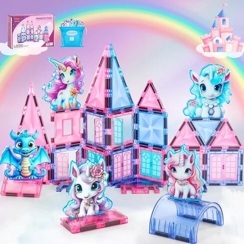 Unicorn Magnetic Tiles, Unicorn Toys for Girls Age 4-6, Magnetic Building Blocks for Kids, Diamond Magnetic Tiles 3D Educational Toy, STEM Construction for Toddlers, Birthday Gifts for Boys and Girls in Kuwait