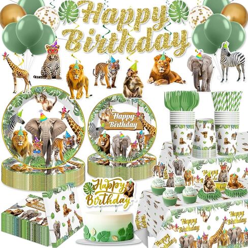 201pcs Safari Birthday Decorations Tableware Set, 25 Serves Safari Plates and Napkins for Party with 2pcs Tablecloth, Banner, Balloons for Jungle Birthday Party Decorations in Kuwait