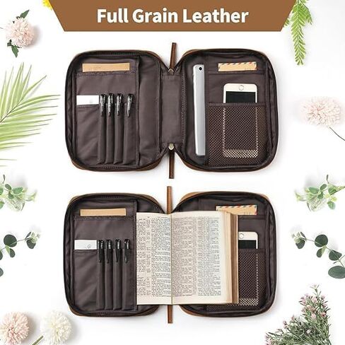 Jack&Chris Full Grain Leather Bible Covers, Church Bag Bible Protective Book Holder, Large Bible Cover for Men Women, Bible Carrying Case Folder Organizer with Handle, Christian Art Gifts, Black in Kuwait