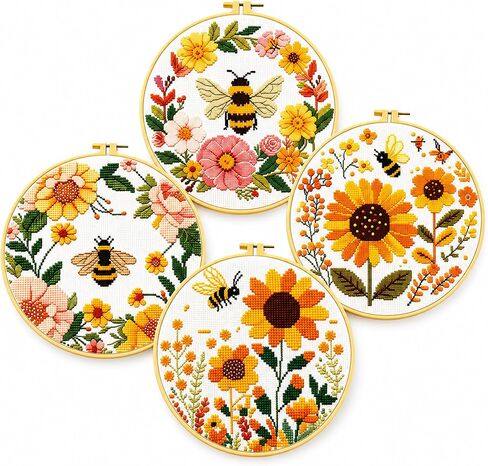 Zhenqing Bee & Flower Garden Cross Stitch Kit for Beginners - 4 Pre-Printed Designs with Hoop, Threads & Complete Tools(68059) in Kuwait